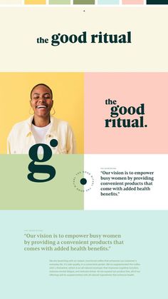 an advertisement with the words good ritual on it and a man in white shirt smiling