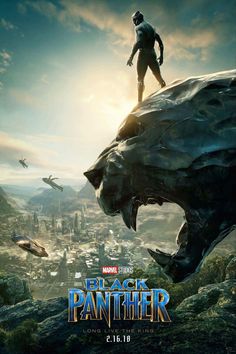 the poster for black panther is shown in front of an image of a man standing on top of a mountain