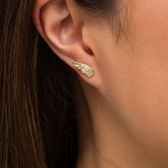 Give her a reminder of your protection and love with these spirited stud earrings. Crafted in 10K gold, each earring features a sculpted angel wing glistening with layers of intricate feather details. Polished to a bright shine, these post earrings secure comfortably with friction backs. Sterling Silver Gold Angel Wings Jewelry, Gold Sterling Silver Jewelry With Angel Wings, Gold Winged Sterling Silver Jewelry, Angel Wing Earrings, Wing Earrings, Earring Backs, 10k Gold, Designer Earrings, Angel Wings