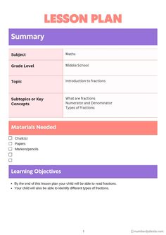 the lesson plan is shown in pink, purple and orange colors with text on it