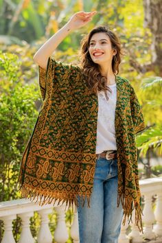 Yellow and Green Open Front Fringed Floral Ruana - Into the Green | NOVICA Botanical Motifs, Cozy Luxury, Front Fringe, Acrylic Design, Green Hues, Yellow And Green, Fringe Trim, Accessories Jacket, Paisley Pattern