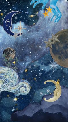 an artistic painting with stars, planets and hands reaching for the moon in the sky