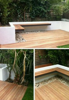 three different views of a wooden deck with benches and rocks in the middle, along with plants