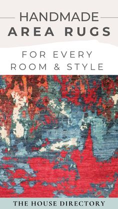 the cover of handmade area rugs for every room and style, featuring an abstract design