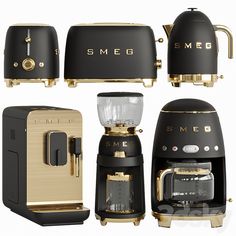 there are four different types of coffee makers in this set, one is gold and the other is black