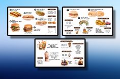 three menus with different types of food and drinks displayed on the same side by side