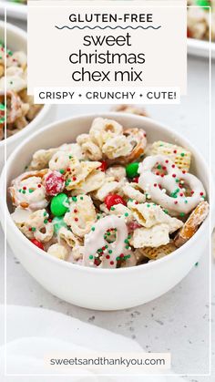 gluten - free sweet christmas chex mix in a white bowl