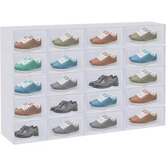 a white shoe rack with twelve pairs of shoes in each drawer and six rows of different colors