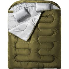 an inflatable sleeping bag with two pillows on the top and one blanket folded over it