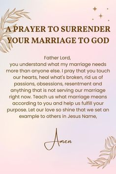 a prayer card with the words,'a prayer to sureend your marriage to god '