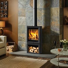 a wood burning stove in a living room