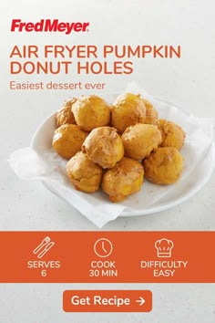 the flyer for an air fryer pumpkin donut holes recipe is displayed on a white plate