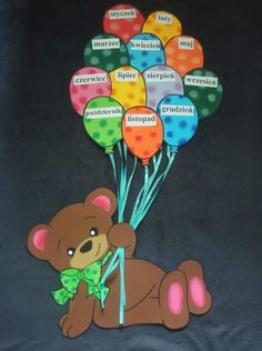 a teddy bear holding balloons with words on it