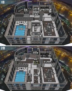 two views of an apartment building at night