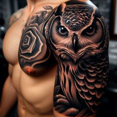 an owl tattoo on the arm and shoulder is shown in this image, it appears to be black and grey