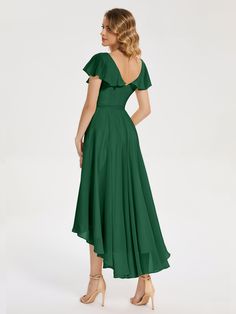 Gabriela Short Sleeves High Low Bridesmaid Dress with Pockets Asymmetrical Bridesmaid Dress, Dark Green Bridesmaid Dress, High Low Bridesmaid Dresses, Full Maxi Skirt, Chiffon Bridesmaid Dresses, فستان سهرة, Chiffon Material, Chiffon Ruffle, Chiffon Bridesmaid Dress