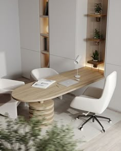 an office desk with two chairs and a book shelf in the corner next to it