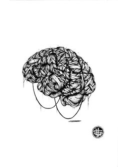 a black and white drawing of a brain with wires coming out of the top of it