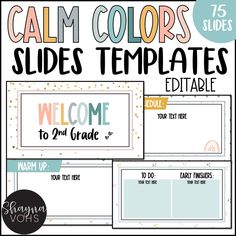 a poster with the words calm colors slides templates and editable text on it