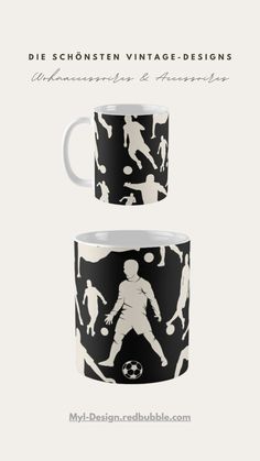 a black and white mug with soccer silhouettes on it