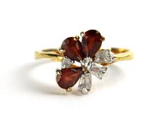 Vintage 18K GP Faux Ruby CZ Flower Ring - Rectangular Cut Cubic Zircon Stones - Cocktail Dinner Ring - July Birthstone - Size 9 - Signed Ruby