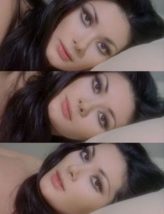 three pictures of a woman laying down with her eyes wide open and one half closed