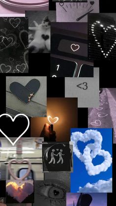 a collage of photos with hearts, clouds and other things in the background that are black and white