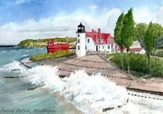 a watercolor painting of a lighthouse on the coast with waves crashing in front of it