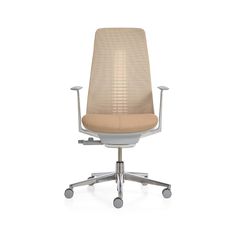 an office chair with wheels and beige upholstered seat, viewed from the front