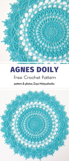 the crochet doily pattern is shown in blue and white