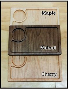 a wooden cutting board with a knife on it and the words maple, walnut, cherry