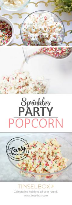 sprinkles party popcorn recipe with text overlay