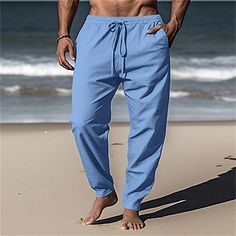 Category:WE-Pants; Season:Spring  Summer; Fabric:80% Cotton; Gender:Men's; Style:Hawaiian,Boho; Occasion:Beach,Daily,Holiday,Vacation; Fit Type:Regular Fit; Function:Comfort,Breathable; Waistline:Mid Waist; Pattern:Plain; Design:Elastic Waist,Drawstring,Pocket; Pants Type:Summer Pants,Linen Pants,Beach Pants,Trousers; Fly Type:Elasticity; Front page:FF; Listing Date:03/14/2024; Production mode:External procurement; Hips:; Length:; Waist: Bohemian Drawstring Bottoms For Beach Season, Bohemian Summer Pants In Solid Color, Casual Harem Pants For Beach Vacation, Casual Harem Pants For The Beach, Solid Relaxed Fit Harem Pants For Beach, Beach Pants With Drawstring, Summer Beach Pants With Baggy Fit, Casual Beach Harem Pants, Non-stretch Beach Pants