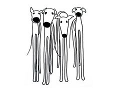 three dogs standing next to each other with one dog looking at the camera and another drawing