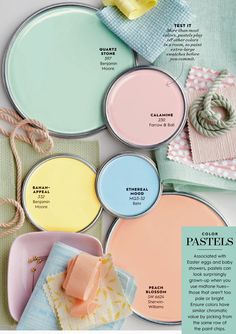 the front page of home magazine with pastel paint colors and accessories on it's cover