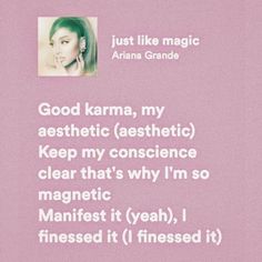 an image of a woman with green hair and the words good karma, my aesthetic aesthetic keep that's why i'm so magnetic