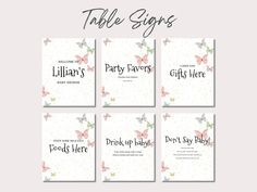 four different baby shower signs with butterflies on them