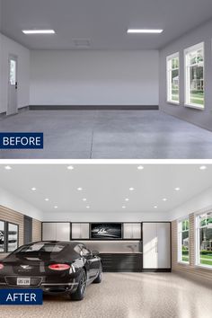 an empty garage before and after remodeling with new windows, lights, and doors