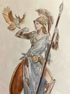 a drawing of a woman holding a spear and a bird