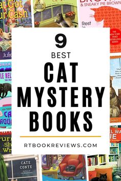 books with the title 9 best cat mystery books on it in front of a pile of children's books