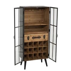 a wooden cabinet with glass doors and drawers on the bottom shelf is open to reveal a wine rack