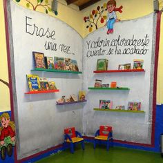 the children's playroom is decorated with colorful walls and shelvings for books