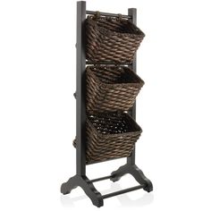 three wicker baskets are stacked on a black stand with wheels and handles for storage