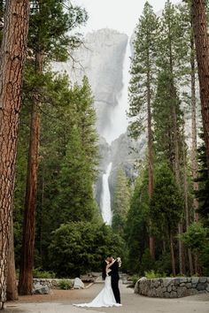 a bride and groom standing in front of a waterfall surrounded by tall trees at their wedding