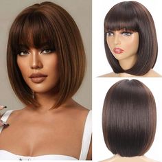 PRICES MAY VARY. 【High Quality】The short bob wig with bangs is made of high quality heat resistant synthetic fiber which is very soft and silky. Lightweight and easy to put on for time-saving new style. 【Adjustable Cap】Straight bob wig with bangs for women, its cap size is 21"-22.5".There are two adjustment straps inside the wig, which you can adjust the most comfortable tightness on your head, so never worry head size. 【Wig Care】 Gently shampoo & condition in cool temperature water, place the b Bob Wigs With Bangs, Wig Care, Bob Wig With Bangs, Bangs Straight, Straight Bob, Wig With Bangs, Mannequin Heads, Short Bob Wigs, Bob Wig