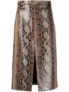 brown/black calf leather snakeskin effect front slit high waist side zip fastening knee-length Snake Print Skirt, Dad Fashion, Slick Hairstyles, Leather Midi Skirt, Mid Length Skirts, Straight Skirt, Print Skirt, Printed Leather, Snake Print