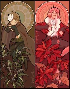 the three main characters are depicted in this art work, and each character has their own avatar