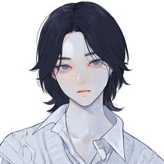 an anime character with black hair and blue eyes, wearing a white button up shirt