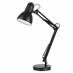 the black desk lamp is on top of a white surface and has an adjustable arm