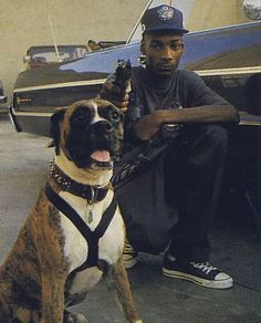 a man kneeling down next to a brown and white dog